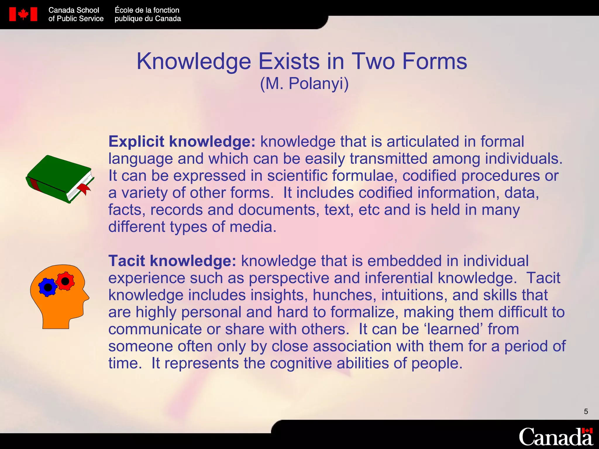 Knowledge Exists in Two Forms  (M. Polanyi) Explicit knowledge:  knowledge that is  articulated in formal language and which can be easily transmitted among individuals.  It can be expressed in scientific formulae, codified procedures or a variety of other forms.  It includes codified information, data, facts, records and documents, text, etc and is held in many different types of media.  Tacit knowledge:  knowledge that is embedded in individual experience such as perspective and inferential knowledge.  Tacit knowledge includes insights, hunches, intuitions, and skills that are highly personal and hard to formalize, making them difficult to communicate or share with others.  It can be ‘learned’ from someone often only by close association with them for a period of time.  It represents the cognitive abilities of people. 