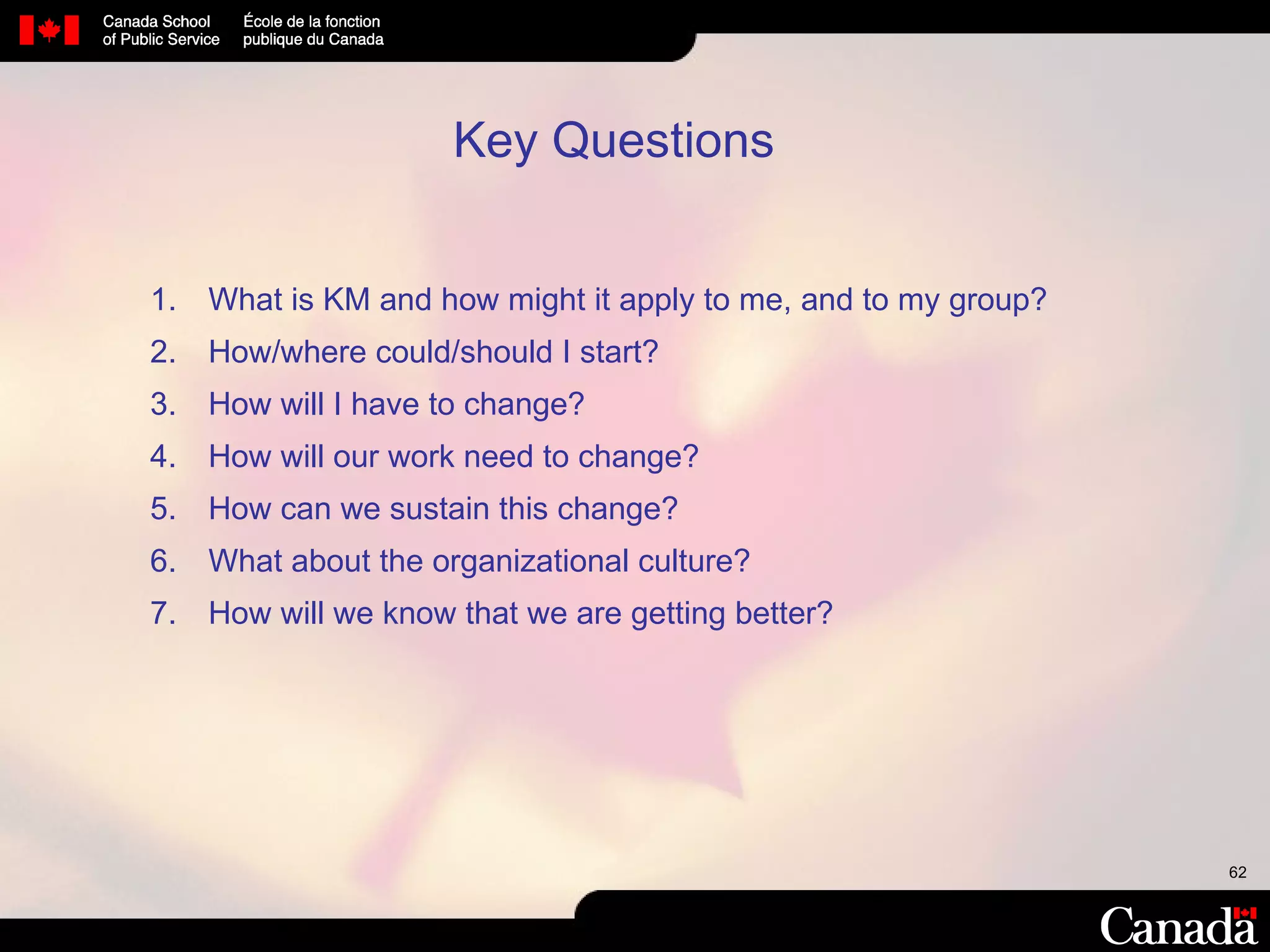 Key Questions What is KM and how might it apply to me, and to my group? How/where could/should I start?  How will I have to change? How will our work need to change? How can we sustain this change? What about the organizational culture? How will we know that we are getting better? 