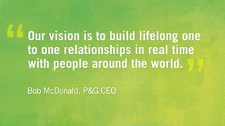Bob McDonald, P&G CEO
Our vision is to build lifelong one
to one relationships in real time
with people around the world.
“
”
 