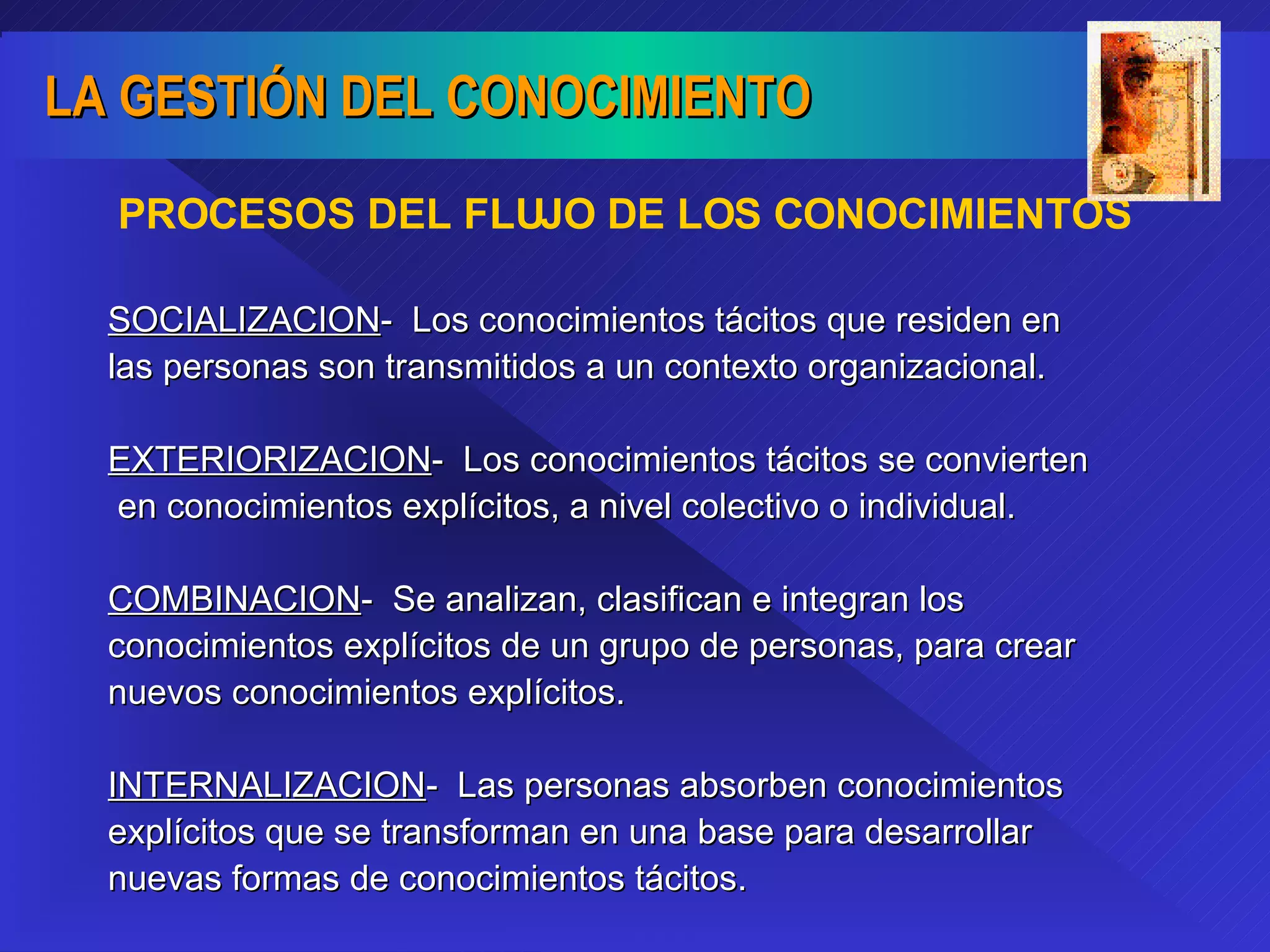 PROCESOS DEL FLUJO DE LOS CONOCIMIENTOS SOCIALIZACION -  Los conocimientos tácitos que residen en las personas son transmitidos a un contexto organizacional. EXTERIORIZACION -  Los conocimientos tácitos se convierten en conocimientos explícitos, a nivel colectivo o individual. COMBINACION -  Se analizan, clasifican e integran los conocimientos explícitos de un grupo de personas, para crear nuevos conocimientos explícitos. INTERNALIZACION -  Las personas absorben conocimientos  explícitos que se transforman en una base para desarrollar nuevas formas de conocimientos tácitos. 