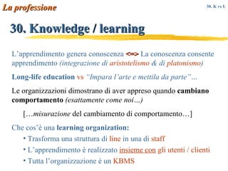 30. Knowledge / learning La professione L’apprendimento genera conoscenza  <=>  La conoscenza consente apprendimento  (integrazione di  aristotelismo  & di  platonismo ) Long-life education   vs   “Impara l’arte e mettila da parte”… Le organizzazioni dimostrano di aver appreso quando  cambiano comportamento   (esattamente come noi…) [… misurazione  del cambiamento di comportamento…] Che cos’è una  learning organization: Trasforma una struttura di  line  in una di  staff L’apprendimento è realizzato  insieme con  gli utenti / clienti Tutta l’organizzazione è un  KBMS 30. K vs L   