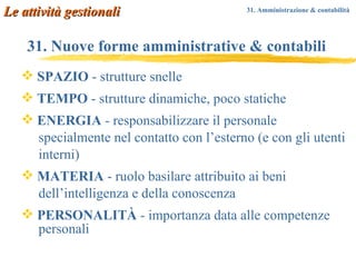 31. Nuove forme amministrative & contabili SPAZIO  - strutture snelle TEMPO  - strutture dinamiche, poco statiche ENERGIA  - responsabilizzare il personale  specialmente nel contatto con l’esterno (e con gli utenti  interni) MATERIA  - ruolo basilare attribuito ai beni  dell’intelligenza e della conoscenza PERSONALIT À  -  importanza data alle competenze  personali Le attività gestionali 31. Amministrazione & contabilità   