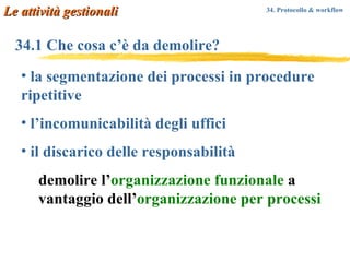 34.1 Che cosa c’è da demolire? la segmentazione dei processi in procedure ripetitive l’incomunicabilità degli uffici  il discarico delle responsabilità demolire l’ organizzazione funzionale  a vantaggio dell’ organizzazione per processi Le attività gestionali 34. Protocollo & workflow   