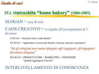 37.1. M atsushita “home bakery”  (1984-1987) SLOGAN =  easy & rich CAOS CREATIVO =  in séguito all’accorpamento di 3 divisioni I CICLO = “bruciato fuori, crudo dentro” II CICLO = “apprendere il lavoro del fornaio: torsione, speciali scanalature” “ Se gli artigiani non sanno spiegare agli ingegneri, gli ingegneri diventino artigiani” III CICLO = PROGETTATORI + MARKETING + INGEGNERI “ quando aggiungere il lievito” INTERLIVELLAMENTO DI CONOSCENZA Studio di casi 37. Aziende  