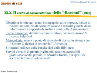 38.2.   Il  centro di documentazione  della “Bocconi”  (2001) Obiettivo :  fornire agli utenti (compagnie, altre imprese, Istituti di ricerca) un servizio di documentazione e raccolta guidata delle informazioni a supporto di analisi e studi sulle Assicurazioni 3 aree funzionali : direttivo-amministrativo, documentazione & ricerca, help-desk Metodologia:  messa a punto di strategie di ricerca in sinergia con il Centro di ricerca di settore dell’Università Strumenti:  utilizzo delle banche-dati della Biblioteca Servizi virtuali : di  primo livello , più generici, accessibili  gratuitamente  dal portale, di  secondo livello , più specifici, accessibili tramite  abbonamento Fonte: Santarsiero Studio di casi 38. Università & enti di ricerca  