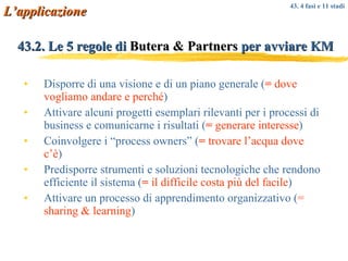 43.2. Le 5 regole di  Butera & Partners  per avviare KM Disporre di una visione e di un piano generale ( =  dove vogliamo andare e perché ) Attivare alcuni progetti esemplari rilevanti per i processi di business e comunicarne i risultati ( =  generare interesse ) Coinvolgere i “process owners” ( =  trovare l’acqua dove c’è ) Predisporre strumenti e soluzioni tecnologiche che rendono efficiente il sistema ( =  il difficile costa più del facile ) Attivare un processo di apprendimento organizzativo ( = sharing & learning ) L’applicazione 43. 4 fasi e 11 stadi 