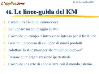 46.  Le linee-guida del KM Creare una vision di conoscenza Sviluppare un equipaggio adatto Costruire un campo d’interazione intensa per il front line Gestire il processo di sviluppo di nuovi prodotti Adottare lo stile manageriale “middle-up-down” Passare a un’organizzazione ipertestuale Costruire una rete di conoscenza con il mondo esterno L’applicazione 46. Le linee-guida del KM   