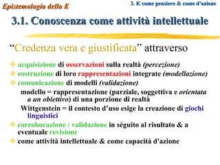 3.1. Conoscenza come attività intellettuale “ Credenza vera e giustificata ” attraverso acquisizione  di  osservazioni  sulla realtà  (percezione) costruzione  di loro  rappresentazioni  integrate  (modellazione) comunicazione  di modelli  (validazione) modello = rappresentazione (parziale, soggettiva e  orientata a un obiettivo ) di una porzione di realtà Wittgenstein = il contesto d’uso esige la creazione di  giochi linguistici corroborazione / validazione  in séguito al risultato & a eventuale  revisione come attività intellettuale & come capacità d'azione  Epistemologia della K 3. K come pensiero & come d’azione 