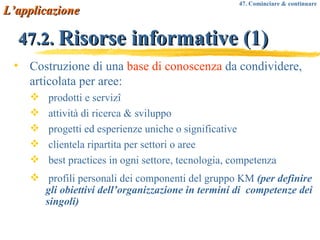 47.2.  Risorse informative (1) Costruzione di una  base di conoscenza  da condividere, articolata per aree: prodotti e servizî attività di ricerca & sviluppo progetti ed esperienze uniche o significative clientela ripartita per settori o aree best practices in ogni settore, tecnologia, competenza profili personali dei componenti del gruppo KM  (per definire gli obiettivi dell’organizzazione in termini di  competenze dei singoli) L’applicazione 47. Cominciare & continuare 