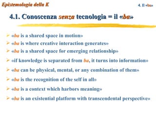 4.1. Conoscenza  senza  tecnologia = il  « ba » « ba  is a shared space in motion» « ba  is where creative interaction generates» « ba  is a shared space for emerging relationship» «if knowledge is separated from  ba , it turns into information» « ba  can be physical, mental, or any combination of them» « ba  is the recognition of the self in all» « ba  is a context which harbors meaning» « ba  is an  existential platform with transcendental perspective » Epistemologia della K 4. Il  « ba » 