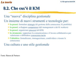 8.2. Che cos’è il KM Una “nuova” disciplina gestionale Un insieme di nuovi strumenti e tecnologie per: la prassi : formulare  strategie  (di gestione delle conoscenze: K portfolio) la prassi : sviluppare  competenze  (del management e dei K workers) la prassi : organizzare  processi  (di KM) lo strumento : supportare la comunicazione e il lavoro collaborativo per valorizzare e diffondere  conoscenza tacita l’obiettivo : formalizzare, immagazzinare, condividere e riusare le conoscenze Una cultura e uno stile gestionale La teoria Fonte: Butera & Partners 8. Gli equivoci del KM   