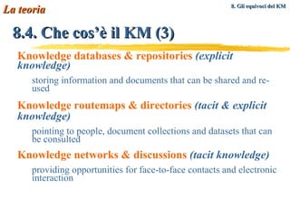 8.4. Che cos’è il KM (3) Knowledge databases & repositories   (explicit knowledge) storing information and documents that can be shared and re-used Knowledge routemaps & directories   (tacit & explicit knowledge) pointing to people, document collections and datasets that can be consulted Knowledge networks & discussions   (tacit knowledge) providing opportunities for face-to-face contacts and electronic interaction La teoria 8. Gli equivoci del KM   
