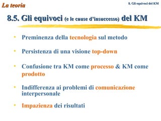 8.5. Gli equivoci  (e le cause d’insuccesso)  del KM La teoria Preminenza della  tecnologia  sul metodo Persistenza di una visione  top-down   Confusione tra KM come  processo  & KM come  prodotto Indifferenza ai problemi di  comunicazione   interpersonale Impazienza  dei risultati 8. Gli equivoci del KM   