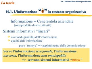 10.1. L'informazione   “ è ”   la costante organizzativa Informazione  =  Cenerentola aziendale  (sottoprodotto di altre attività)  Serve l’informazione  irrazionale,  l’informazione  nascosta,  l’informazione  non omologabile   =>  servono sistemi informativi  “ nuovi ” Sistemi informativi “lineari” overload (quantità) dell’informazione qualità dell’informazione poco “rumore”  =>  appiattimento della comunicazione La teoria 10. L'informazione nell'organizzazione   