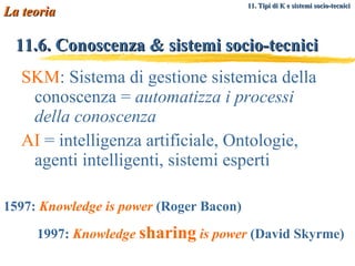 11.6. Conoscenza & sistemi socio-tecnici SKM : Sistema di gestione sistemica della conoscenza =  automatizza i processi della conoscenza AI  = intelligenza artificiale, Ontologie, agenti intelligenti, sistemi esperti 1597:  Knowledge is power  (Roger Bacon) 1997:  Knowledge  sharing  is power  (David Skyrme) La teoria 11. Tipi di K e sistemi socio-tecnici   