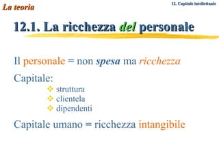 12.1. La ricchezza  del  personale Il  personale   =  non  spesa  ma  ricchezza Capitale:  struttura clientela dipendenti Capitale umano  =  ricchezza  intangibile La teoria 12. Capitale intellettuale   