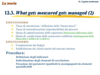 12.3.  What gets measured gets managed (2) EFFETTI INTERNI Tasso di circolazione / diffusione delle “buone prassi” Tasso di razionalizzazione (riproducibilità) dei processi Quota di capitalizzazione delle esperienze  (dimensioni della banca dati) Quota di  condivisione delle conoscenze codificate  (interrogazioni della banca dati e traffico di  workflow ) EFFETTI ESTERNI Comparazione dei budget Soddisfazione dei clienti (anche del mercato interno) Procedura: Definizione degli indicatori  Individuazione degli elementi di correlazione Fissazione dei parametri (qualitativi) accompagnati da elementi quantificabili La teoria 12. Capitale intellettuale   
