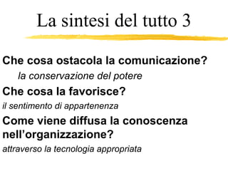 Che cosa ostacola la comunicazione? la conservazione del potere Che cosa la favorisce? il sentimento di appartenenza Come viene diffusa la conoscenza nell’organizzazione? attraverso la tecnologia appropriata La sintesi del tutto 3 