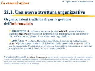 21.1. Una nuova struttura organizzativa Organizzazioni tradizionali per la gestione dell’ informazione : burocrazia   =>   sistema meccanico ( robot )   ottimale  in condizioni di stabilità;  negativa  per scarico di responsabilità, trasformazione dei mezzi in fini, settorialismo, ostacoli alla motivazione degli addetti task force   =>   sistema flessibile, adattabile, dinamico & partecipativo,  ottimale   per superare momenti di debolezza della burocrazia;  negativa  per la sua temporaneità, l’incapacità di sfruttare e trasmettere conoscenza, di definire e raggiungere obiettivi e una  vision  a livello generale Variazioni sul tema della  struttura disaggregata :   ad-hoc-crazìa (contenente strutture di progetto), a grappolo ( cluster ), infinitamente piatta (solo avamposti a controllo centrale numerico), di rete o a tela di ragno (tutti lavorano per il  front line ), satellitare o a esplosione stellare (esodo continuo dal centro alla periferia), a mercato interno, a matrice (compromesso tra più tipi di strutture) La comunicazione 21. Organizzazione & flussi ipertestuali 