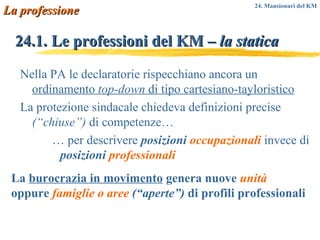 Nella PA le declaratorie rispecchiano ancora un  ordinamento  top-down  di tipo cartesiano-tayloristico La protezione sindacale chiedeva definizioni precise  (“chiuse”)  di competenze… …  per descrivere   posizioni  occupazionali   invece di   posizioni  professionali 24.1. Le professioni del KM –  la statica La  burocrazia in movimento  genera nuove  unità  oppure  famiglie o aree   (“aperte”)  di profili professionali La professione 24. Mansionari del KM 