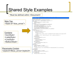 Shared Style Examples Contains <IconStyle> <LableStyle> <LineStyle> <BalloonStyle> Main Tag <Style id=“blue_arrow”> Placemarks Contain <styleUrl>#blue_arrow</styleUrl> *Must be defined within <Document> 