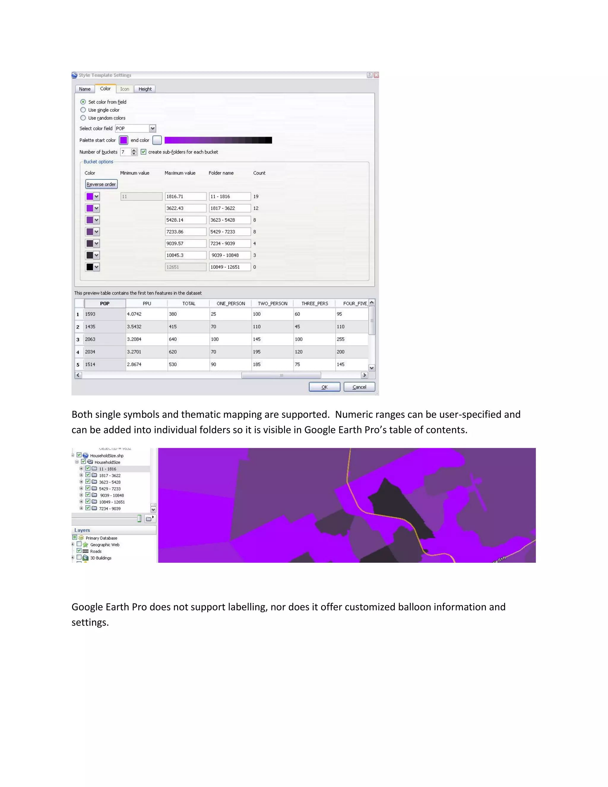 Both single symbols and thematic mapping are supported. Numeric ranges can be user-specified and can be added into individual folders so it is visible in Google Earth Pro’s table of contents. 
Google Earth Pro does not support labelling, nor does it offer customized balloon information and settings. 
 