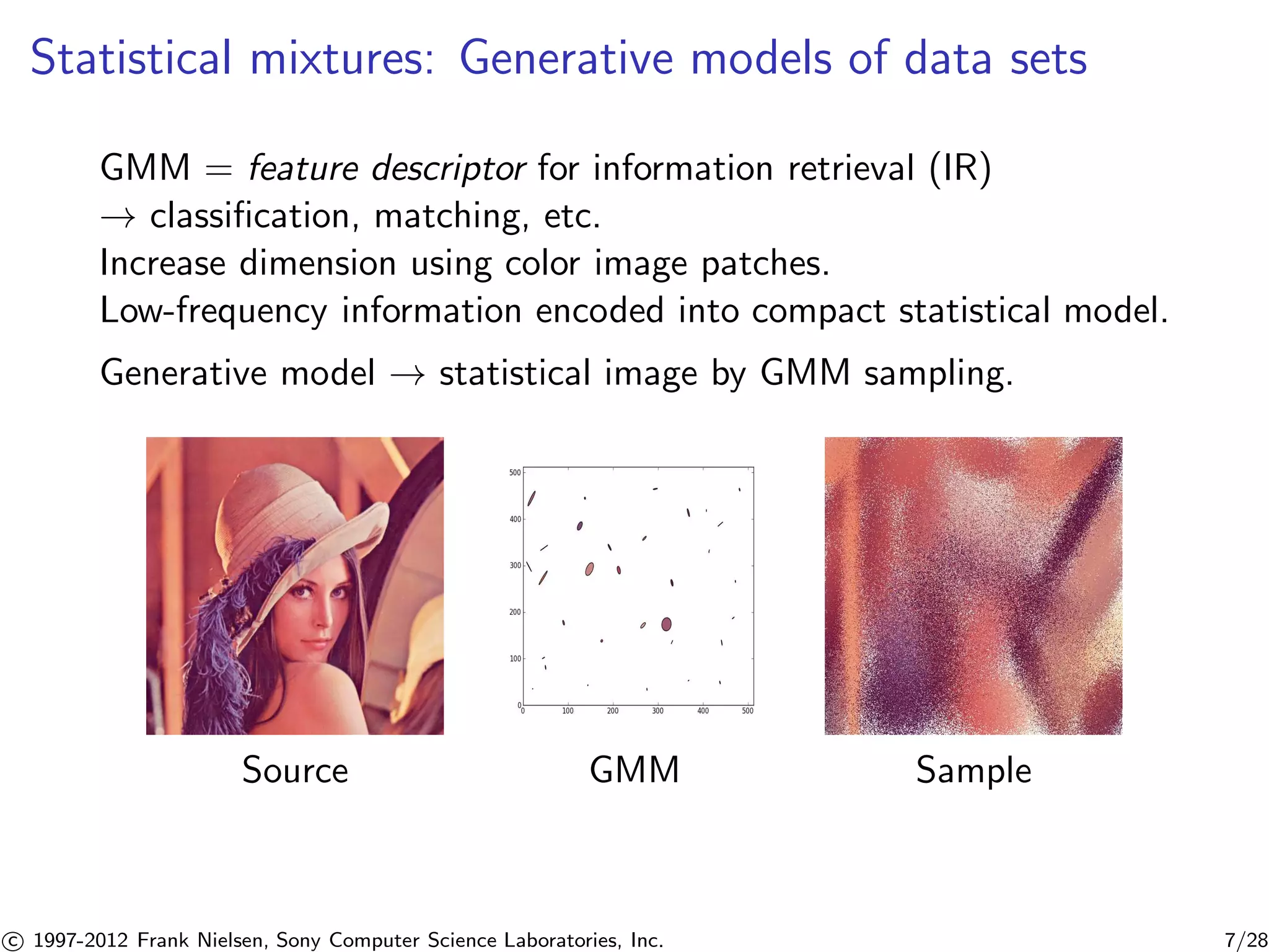 Statistical mixtures: Generative models of data sets 
GMM = feature descriptor for information retrieval (IR) 
! classification, matching, etc. 
Increase dimension using color image patches. 
Low-frequency information encoded into compact statistical model. 
Generative model ! statistical image by GMM sampling. 
Source GMM Sample 

c 1997-2012 Frank Nielsen, Sony Computer Science Laboratories, Inc. 7/28 
 