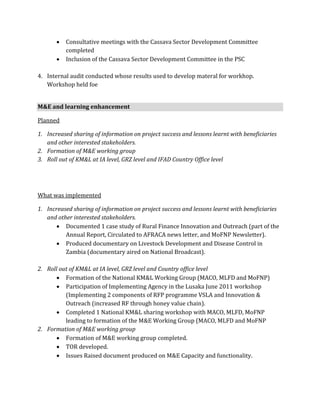   Consultative meetings with the Cassava Sector Development Committee
           completed
          Inclusion of the Cassava Sector Development Committee in the PSC

4. Internal audit conducted whose results used to develop materal for workhop.
   Workshop held foe


M&E and learning enhancement

Planned

1. Increased sharing of information on project success and lessons learnt with beneficiaries
   and other interested stakeholders.
2. Formation of M&E working group
3. Roll out of KM&L at IA level, GRZ level and IFAD Country Office level




What was implemented

1. Increased sharing of information on project success and lessons learnt with beneficiaries
   and other interested stakeholders.
        Documented 1 case study of Rural Finance Innovation and Outreach (part of the
          Annual Report, Circulated to AFRACA news letter, and MoFNP Newsletter).
        Produced documentary on Livestock Development and Disease Control in
          Zambia (documentary aired on National Broadcast).

2. Roll out of KM&L at IA level, GRZ level and Country office level
       Formation of the National KM&L Working Group (MACO, MLFD and MoFNP)
       Participation of Implementing Agency in the Lusaka June 2011 workshop
          (Implementing 2 components of RFP programme VSLA and Innovation &
          Outreach (increased RF through honey value chain).
       Completed 1 National KM&L sharing workshop with MACO, MLFD, MoFNP
          leading to formation of the M&E Working Group (MACO, MLFD and MoFNP
2. Formation of M&E working group
       Formation of M&E working group completed.
       TOR developed.
       Issues Raised document produced on M&E Capacity and functionality.
 