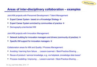 Dr.-Ing. Josef Hofer-Alfeis, 2014 - 17
Joint KM projects with Personnel Development / Talent Management
 Expert Career System based on a Knowledge Strategy 
 Expert Career System enriched by communities of practice 
 Demography-orientiented KM
Joint KM projects with Innovation Management:
 Network building for innovation managers and drivers (community of practice) 
 Specific KM support for innovation managers 
Collaboration areas for KM and Quality / Process Management:
 Avoiding / learning from failure … Lesson-Learned- / Best-Practice-Sharing …
 Reuse of product / service knowledge, e.g. via helpdesk „knowledge data bases“
 Process modelling / improving … Lesson-Learned- / Best-Practice-Sharing …
Areas of inter-disciplinary collaboration – examples
 