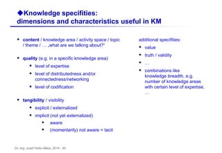Dr.-Ing. Josef Hofer-Alfeis, 2014 - 30
uKnowledge specifities:
dimensions and characteristics useful in KM
 content / knowledge area / activity space / topic
/ theme / … „what are we talking about?“
 quality (e.g. in a specific knowledge area)
 level of expertise
 level of distributedness and/or
connectedness/networking
 level of codification
 tangibility / visibility
 explicit / externalized
 implicit (not yet externalized)
 aware
 (momentarily) not aware = tacit
additional specifities:
 value
 truth / validity
 …
 combinations like
knowledge breadth, e.g.
number of knowledge areas
with certain level of expertise,
…
 
