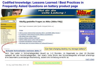 Dr.-Ing. Josef Hofer-Alfeis, 2014 - 40
Codified knowledge: Lessons Learned / Best Practices in
Frequently Asked Questions on battery product page
http://www.akku.net/akku-faq.html#25
Can fast charging destroy my storage battery?
 
