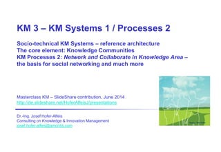 KM 3 – KM Systems 1 / Processes 2
Socio-technical KM Systems – reference architecture
The core element: Knowledge Communities
KM Processes 2: Network and Collaborate in Knowledge Area –
the basis for social networking and much more
Masterclass KM – SlideShare contribution, June 2014
http://de.slideshare.net/HoferAlfeisJ/presentations
Dr.-Ing. Josef Hofer-Alfeis
Consulting on Knowledge & Innovation Management
josef.hofer-alfeis@amontis.com
Design: Ron Hofer
 