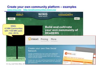 Dr.-Ing. Josef Hofer-Alfeis, 2014 - 11
Create your own community platform – examples
www.ning.com http://smallcommunities.mixxt.org/
NING:
>2 MM Communities
with >100 MM users
(Oct. 2013)
 