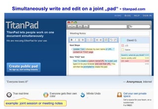 Dr.-Ing. Josef Hofer-Alfeis, 2014 - 53
Simultaneously write and edit on a joint „pad“ - titanpad.com
example: joint sessio...