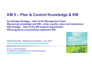 KM 5 – Plan & Control Knowledge & KM
Knowledge Strategy – task of the Management Team
Measuring knowledge and KM – state, quality, value and importance
KM strategy – task of the KM support organization
KM program to successfully implement KM
Masterclass KM – SlideShare contribution, June 2014
http://de.slideshare.net/HoferAlfeisJ/presentations
Dr.-Ing. Josef Hofer-Alfeis
Consulting on Knowledge & Innovation Management
josef.hofer-alfeis@amontis.com
Design: Ron Hofer
 