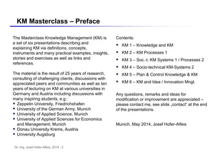 Dr.-Ing. Josef Hofer-Alfeis, 2014 - 2
KM Masterclass – Preface
The Masterclass Knowledge Management (KM) is
a set of six presentations describing and
explaining KM via definitions, concepts,
instruments and many practical examples, insights,
stories and exercises as well as links and
references.
The material is the result of 25 years of research,
consulting of challenging clients, discussions with
appreciated peers and communities as well as ten
years of lecturing on KM at various universities in
Germany and Austria including discussions with
many inspiring students, e.g.:
 Zeppelin University, Friedrichshafen
 University of the German Army, Munich
 University of Applied Science, Munich
 University of Applied Sciences for Economics
and Management, Munich
 Donau University Krems, Austria
 University Augsburg
Contents:
 KM 1 – Knowledge and KM
 KM 2 – KM Processes 1
 KM 3 – Soc.-t. KM Systems 1 / Processes 2
 KM 4 – Socio-technical KM-Systems 2
 KM 5 – Plan & Control Knowledge & KM
 KM 6 – KM and Idea / Innovation Mngt.
Any questions, remarks and ideas for
modification or improvement are appreciated –
please contact me, see slide „contact“ at the end
of the presentations.
Munich, May 2014, Josef Hofer-Alfeis
 