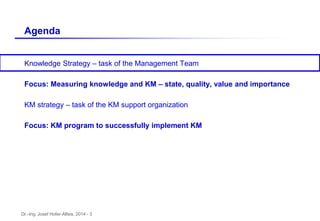 Dr.-Ing. Josef Hofer-Alfeis, 2014 - 3
Knowledge Strategy – task of the Management Team
Focus: Measuring knowledge and KM – state, quality, value and importance
KM strategy – task of the KM support organization
Focus: KM program to successfully implement KM
Agenda
 