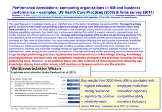 Dr.-Ing. Josef Hofer-Alfeis, 2014 - 42
This paper focuses on knowledge sharing as an important area in the study of knowledge management (KM). The paper's primary
goal is to examine how health-care practices employ knowledge sharing tools and processes to the benefit of their daily
work processes. In addition, the study seeks to understand how knowledge sharing would contribute to practices' performance.
Adopting a qualitative approach, four health care practices were selected from within a research network to represent larger and
smaller practices with different performance levels, two high-performing practices (HP) and two low-performing practices (LP),
using standard clinical and health care practice measures. Data collection and analysis involved several iterative steps including
interviews and field notes of observations. Four case studies were developed reflecting how each practice implemented knowledge
sharing tools and processes and how this implementation influenced performance. The study found that all of the four practices
manifested and implemented knowledge sharing tools including knowledge artifacts; sharing social tools, meetings, and
communication channels; and processes including training and apprenticeship and communities of practices; however, the level of
implementation varied among the four practices. A comparison of the high-performing and low-performing practices showed that even
though the high-performing practices implemented and invested more in knowledge sharing, knowledge
sharing processes and tools were not completely integrated throughout the practices including the high
performing ones. Moreover, in all practices there was little evidence of encouragement to efficiently use
knowledge sharing tools either among staff members or between patients and the practice.
Performance correlations: comparing organizations in KM and business
performance – examples: US Health Care Practices (2008) & firms survey (2011)
McInerney, C. R., et al: Knowledge management tools and processes in U.S.A. primary health care: Analysis of four case studies . Knowledge management: Competencies and
professionalism, Proceedings of the International Conference on Knowledge Management 2008, Hawamdeh, S. et. al. (Eds.), Hackensack, NJ: World Scientific.
Key results from 3200 firms: KM is correlated with …
• highest relevance: employee motivation
• strong relevance: innovation capability
• significantly positive: competitive ability
• relatively weak: monetary indicators
source: KM study, Pawlowski et al. 2011 (in German)
 