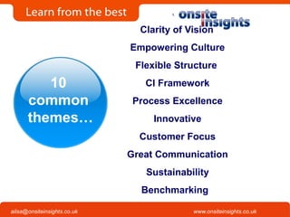 Onsite Insights
Company visits across the UK
www.onsiteinsights.co.ukailsa@onsiteinsights.co.uk
1.
Clarity of Vision
Empowering Culture
Flexible Structure
CI Framework
Process Excellence
Innovative
Customer Focus
Great Communication
Sustainability
Benchmarking
10
common
themes…
 