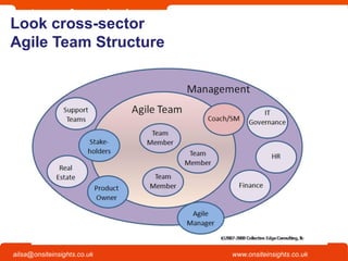 Onsite Insights
Company visits across the UK
www.onsiteinsights.co.ukailsa@onsiteinsights.co.uk
Look cross-sector
Agile Team Structure
 