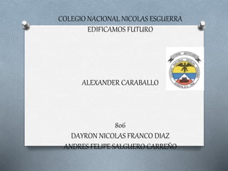 COLEGIO NACIONAL NICOLAS ESGUERRA
EDIFICAMOS FUTURO
ALEXANDER CARABALLO
806
DAYRON NICOLAS FRANCO DIAZ
ANDRES FELIPE SALGUERO CARREÑO
 
