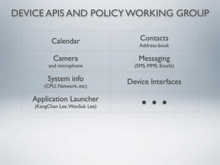 DEVICE APIS AND POLICY WORKING GROUP

           Calendar                  Contacts
                                     Address-book

           Camera                   Messaging
         and microphone            (SMS, MMS, Emails)

         System info             Device Interfaces
       (CPU, Network, etc)

   Application Launcher
    (KangChan Lee, WonSuk Lee)
                                      ● ● ●
 
