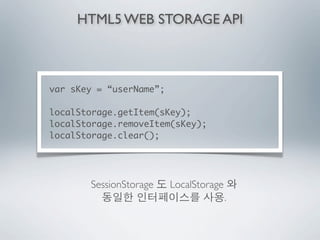 HTML5 WEB STORAGE API



var sKey = “userName”;

localStorage.getItem(sKey);
localStorage.removeItem(sKey);
localStorage.clear();




       SessionStorage    LocalStorage
                                        .
 