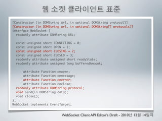 [Constructor (in DOMString url, in optional DOMString protocol)]
[Constructor (in DOMString url, in optional DOMString[] protocols)]
interface WebSocket {
  readonly attribute DOMString URL;

  const unsigned short CONNECTING = 0;
  const unsigned short OPEN = 1;
  const unsigned short CLOSING = 2;
  const unsigned short CLOSED = 3;
  readonly attribute unsigned short readyState;
  readonly attribute unsigned long bufferedAmount;

       attribute Function onopen;
       attribute Function onmessage;
       attribute Function onerror;
       attribute Function onclose;
  readonly attribute DOMString protocol;
   void send(in DOMString data);
  void close();
};
WebSocket implements EventTarget;


                           WebSocket Client API Editor’s Draft - 2010   12   14
 