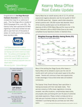 Kearny Mesa Office
                                                       Real Estate Update
Congratulations to San Diego Municipal        Kearny Mesa has an overall vacancy rate of 12.1% and had
Employees Association who has recently        experienced negative absorption over the 3rd quarter of 2012
renewed their lease for an additional 5       of 145,000 square feet. However, year-to-date absorption
years. Their San Diego office is located at   remains positive with 106,000 square feet absorbed. Much
9620 Chesapeake Drive, suite 200. The         of the recently vacated space can be attributed to the
Cassidy Turley Team approached SD MEA         downsize of AIG at 9350 Waxie Way and the move out of the
regarding an early lease renewal and was
                                              Public Defender’s office at 8525 Gibbs Drive to the newly
able to save them tens of thousands of
                                              completed County Operations Center on Overland Drive.
dollars 16 months prior to their existing
lease expiration date.




“Jeff Gilbert approached us with a
comprehensive plan to immediately reduce
our leasing costs and to extend our lease
term. His aptitude and knowledge of the
market has saved SD MEA huge sums of
money and I would highly recommend
him to any company to help with their real
estate needs.”
Michael Zucchet – General Manager

         For more information,                Many of the existing San Diego County office leases in
            please contact:                   Kearny Mesa will be allowed to expire over the next 24
                                              months which will continue to add vacant space to the office
                                              market. Tenants will continue to have more opportunities
                                              to take advantage of discounted rental rates and landlord
                                              concessions.


                                              The Cassidy Turley Tenant Advisory Team specializes in
                                              helping businesses with their real estate needs. Their
              Jeff Gilbert
              858-625-5240                    services comprise of office lease negotiations including
     jeff.gilbert@cassidyturley.com           renewals, new office locations, complimentary lease audits,
             CA License 01849738              and property sales purchasing with over 45 years of combined
          Cassidy Turley San Diego            real estate experience. Please contact us today and let us
     4350 La Jolla Village Drive, Suite 500
            San Diego, CA 92122               help save your business money as a business or if you are
             T (858) 546-5400                 interested in purchasing help you purchase your own office
             F (858) 630-6320
         cassidyturley.com/sandiego           space.         K:_Personal MarketingGilbertNewslettersKearny Mesakearny-mesa_newsletter-2-copy.indd
 