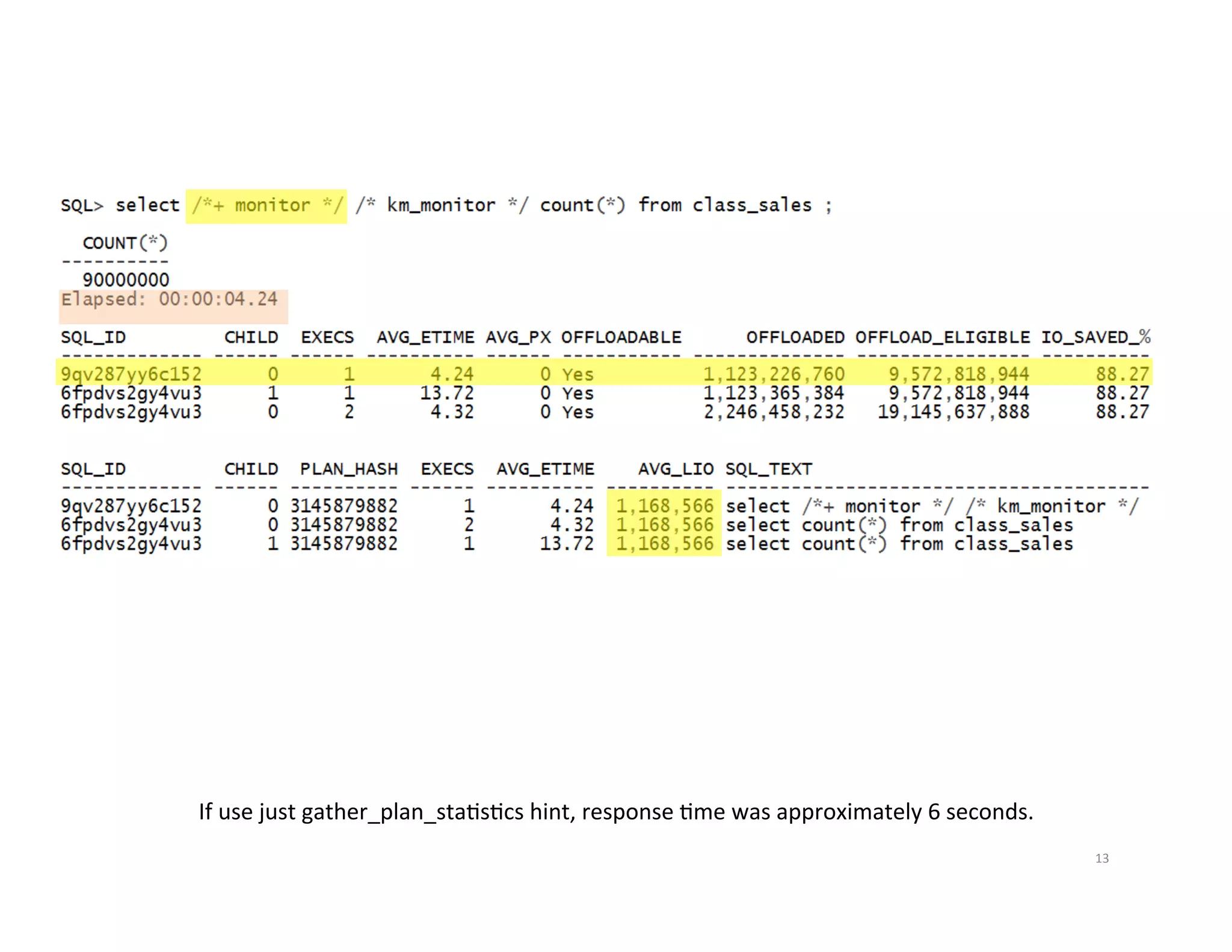 If  use  just  gather_plan_staJsJcs  hint,  response  Jme  was  approximately  6  seconds.   13   