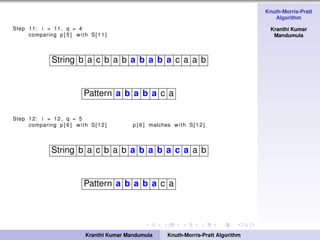 Knuth-Morris-Pratt
Algorithm
Kranthi Kumar
Mandumula
Step 11: i = 11 , q = 4
comparing p [ 5 ] with S[11]
String b a c b a b a b a b a c a a b
Pattern a b a b a c a
Step 12: i = 12 , q = 5
comparing p [ 6 ] with S[12] p [ 6 ] matches with S[12]
String b a c b a b a b a b a c a a b
Pattern a b a b a c a
Kranthi Kumar Mandumula Knuth-Morris-Pratt Algorithm
 