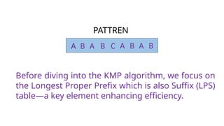 PATTREN
A B A B C A B A B
Before diving into the KMP algorithm, we focus on
the Longest Proper Prefix which is also Suffix (LPS)
table—a key element enhancing efficiency.
 