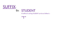 SUFFIX:
STUDENT
Ex:
“T”
A Suffix of a string STUDENT can be as follow’s :
 