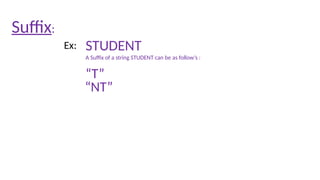 Suffix:
STUDENT
Ex:
“T”
A Suffix of a string STUDENT can be as follow’s :
“NT”
 